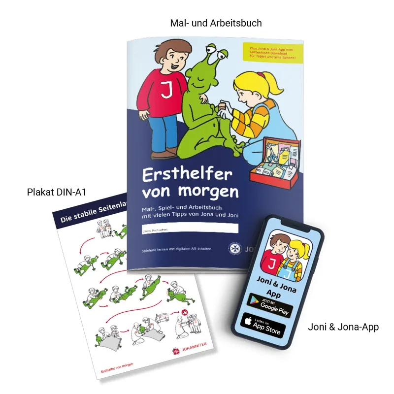 Ersthelfer von morgen – Mal- und Arbeitsbuch, Plakat und Joni & Jona-App